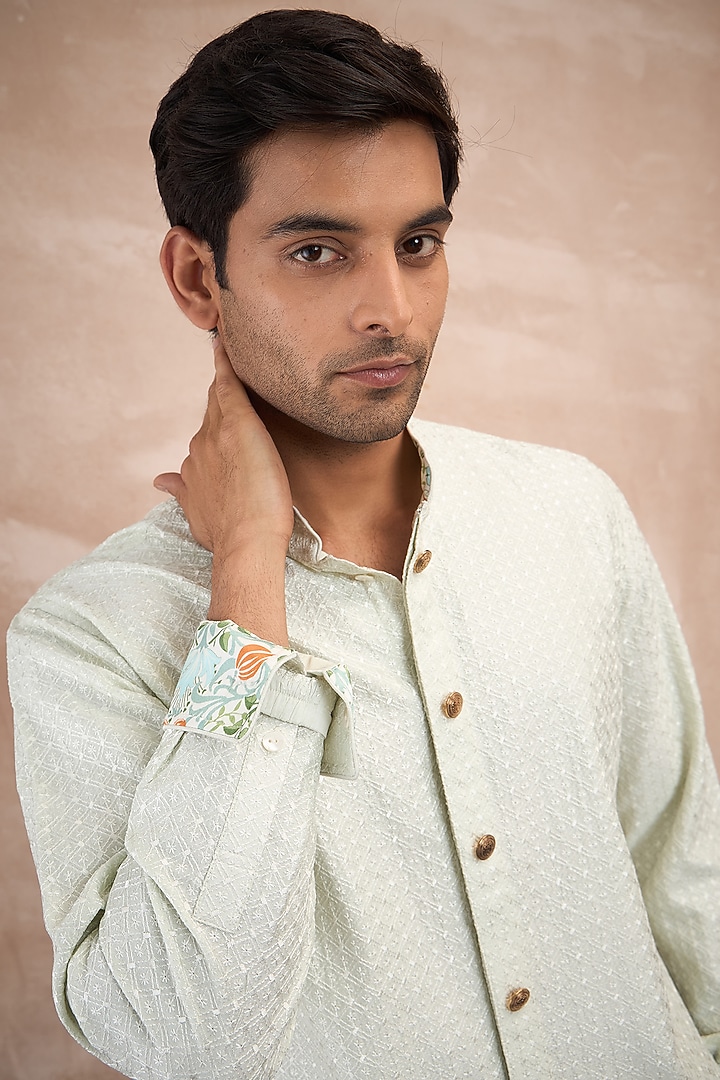 Mint Green Chanderi Silk Jaal Printed Nehru Jacket Set by ARJAN DUGAL at Pernia's Pop Up Shop
