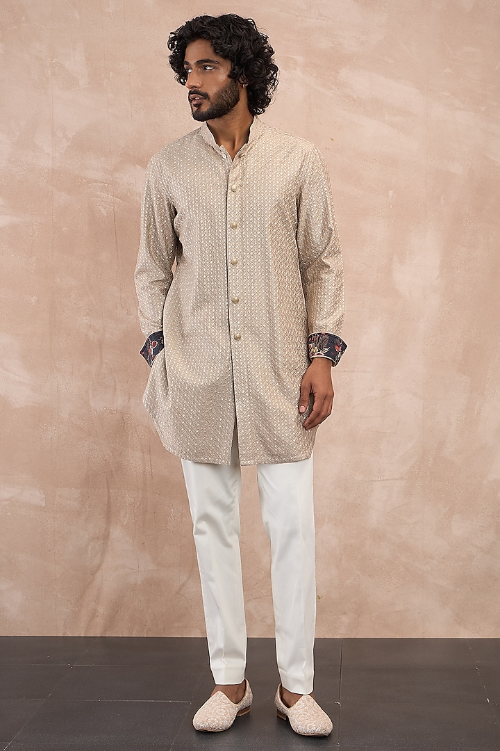 Antique Beige Chanderi Silk Tropical Printed Kurta Set by ARJAN DUGAL at Pernia's Pop Up Shop