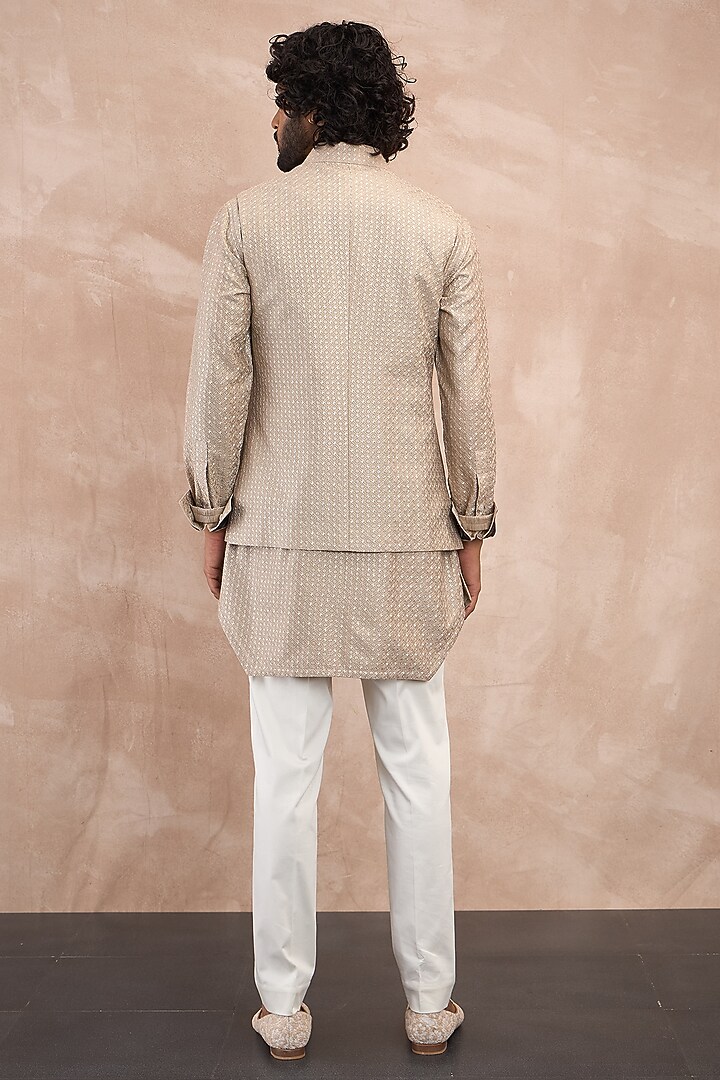 Antique Beige Chanderi Silk Jaal Printed Nehru Jacket by ARJAN DUGAL at Pernia's Pop Up Shop