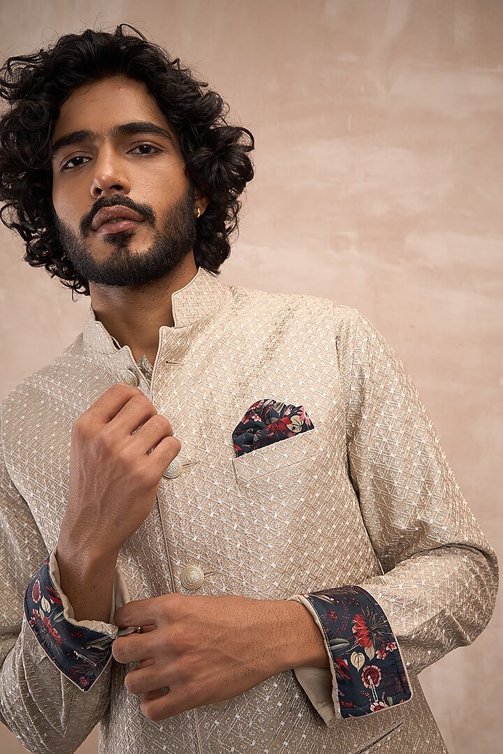 Antique Beige Chanderi Silk Jaal Printed Nehru Jacket by ARJAN DUGAL at Pernia's Pop Up Shop