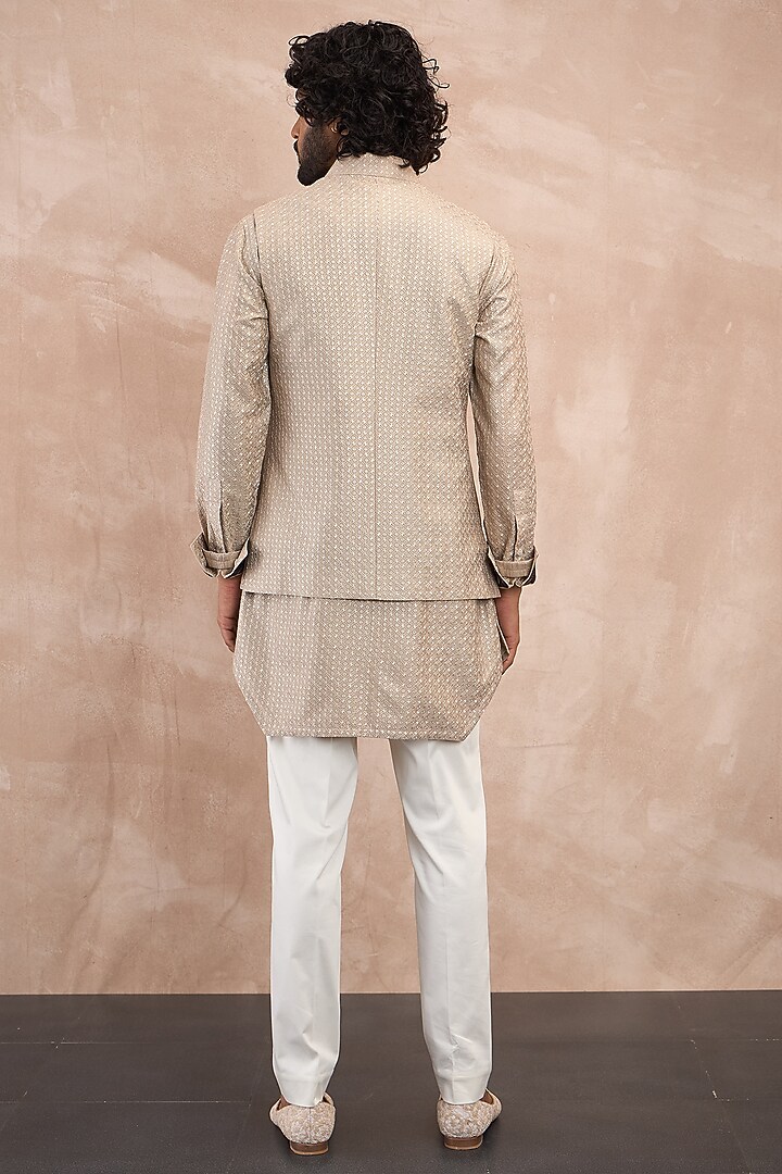 Antique Beige Chanderi Silk Jaal Printed Nehru Jacket Set by ARJAN DUGAL at Pernia's Pop Up Shop