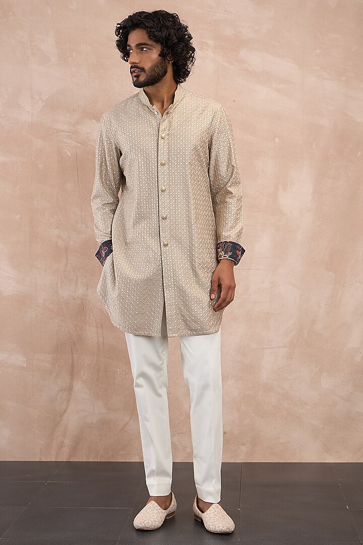Antique Beige Chanderi Silk Jaal Printed Nehru Jacket Set by ARJAN DUGAL at Pernia's Pop Up Shop