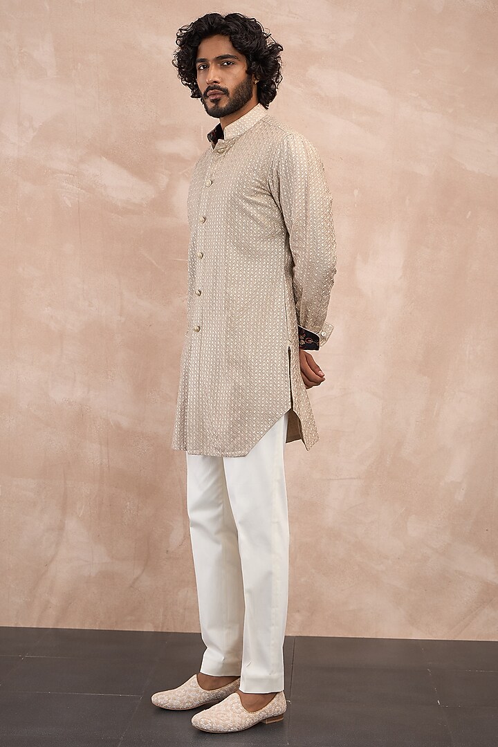 Antique Beige Chanderi Silk Jaal Printed Nehru Jacket Set by ARJAN DUGAL at Pernia's Pop Up Shop