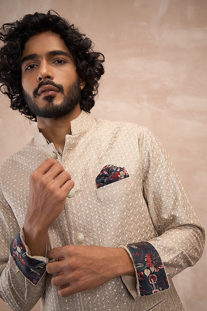 Antique Beige Chanderi Silk Jaal Printed Nehru Jacket Set by ARJAN DUGAL at Pernia's Pop Up Shop