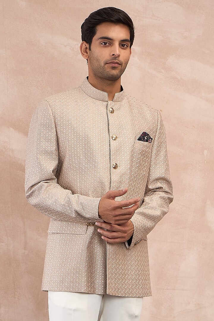 Antique Beige Chanderi Silk Tropical Printed Wedding Bandhgala Set by ARJAN DUGAL at Pernia's Pop Up Shop