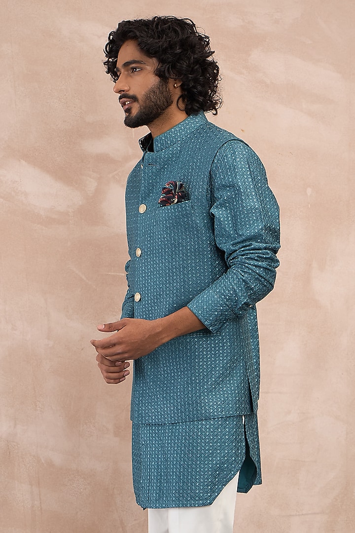 Turquoise Chanderi Silk Botanical Printed Nehru Jacket by ARJAN DUGAL