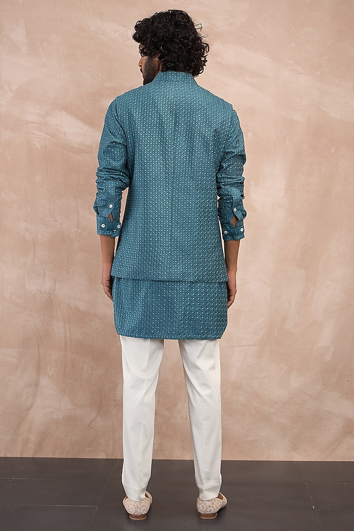 Turquoise Chanderi Silk Botanical Printed Nehru Jacket by ARJAN DUGAL at Pernia's Pop Up Shop