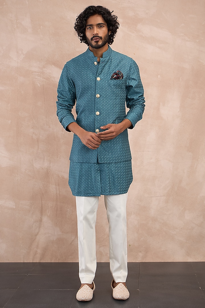 Turquoise Chanderi Silk Botanical Printed Nehru Jacket by ARJAN DUGAL at Pernia's Pop Up Shop