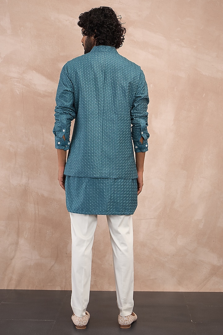 Turquoise Chanderi Silk Botanical Printed Nehru Jacket Set by ARJAN DUGAL at Pernia's Pop Up Shop