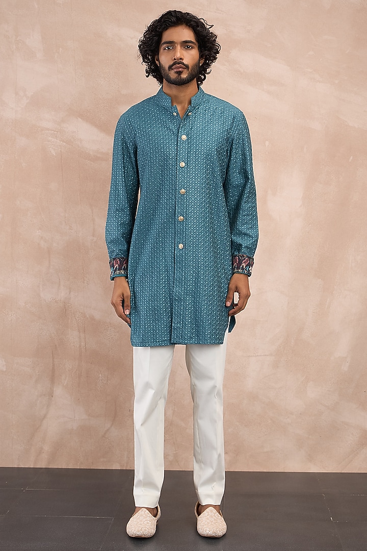 Turquoise Chanderi Silk Botanical Printed Nehru Jacket Set by ARJAN DUGAL at Pernia's Pop Up Shop
