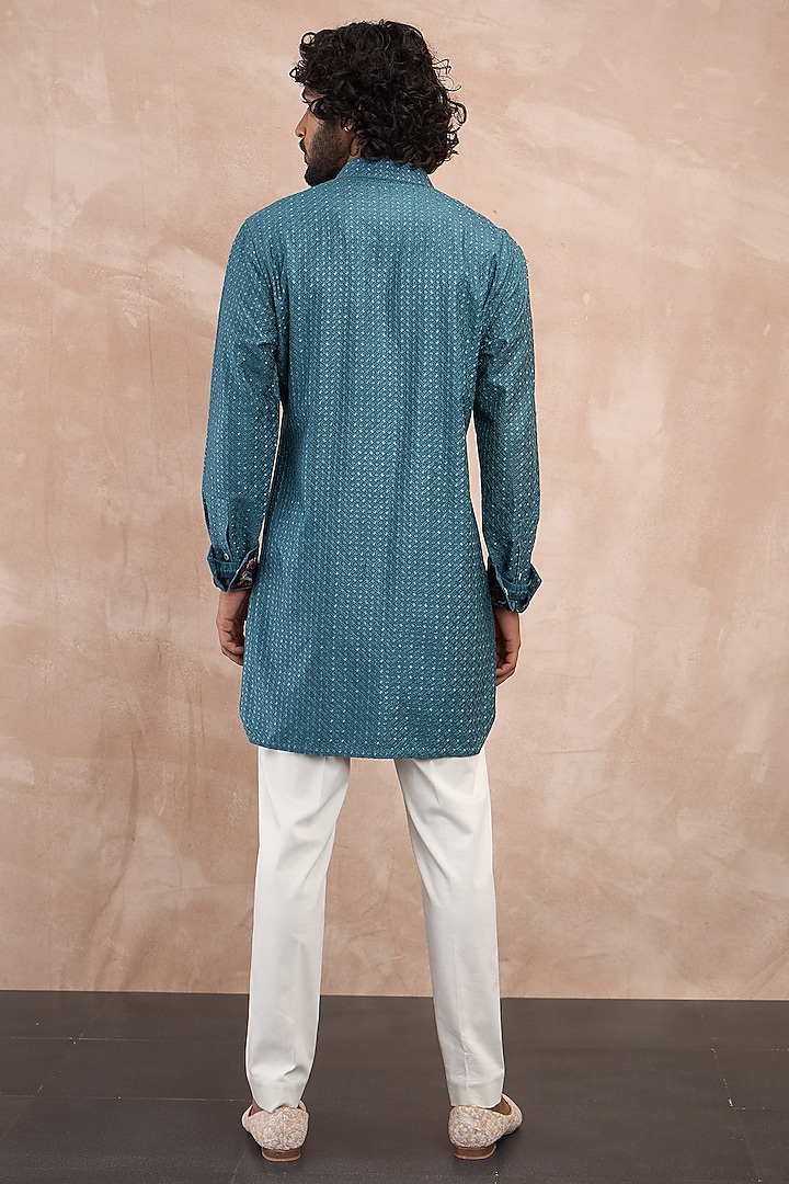 Turquoise Chanderi Silk Botanical Printed Nehru Jacket Set by ARJAN DUGAL at Pernia's Pop Up Shop