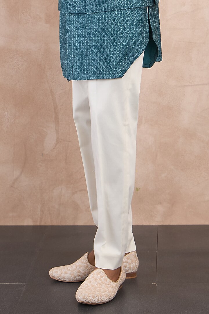 Turquoise Chanderi Silk Botanical Printed Nehru Jacket Set by ARJAN DUGAL at Pernia's Pop Up Shop