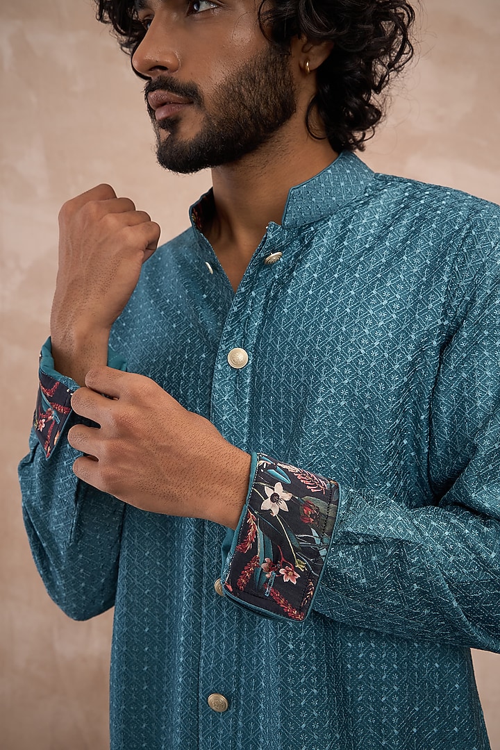 Turquoise Chanderi Silk Botanical Printed Nehru Jacket Set by ARJAN DUGAL at Pernia's Pop Up Shop