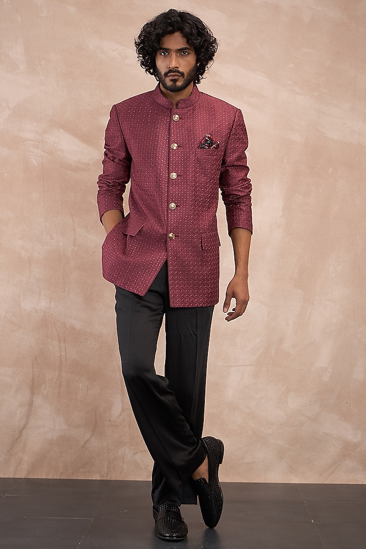 Burgundy Chanderi Silk Tropical Printed Bandhgala Set by ARJAN DUGAL at Pernia's Pop Up Shop