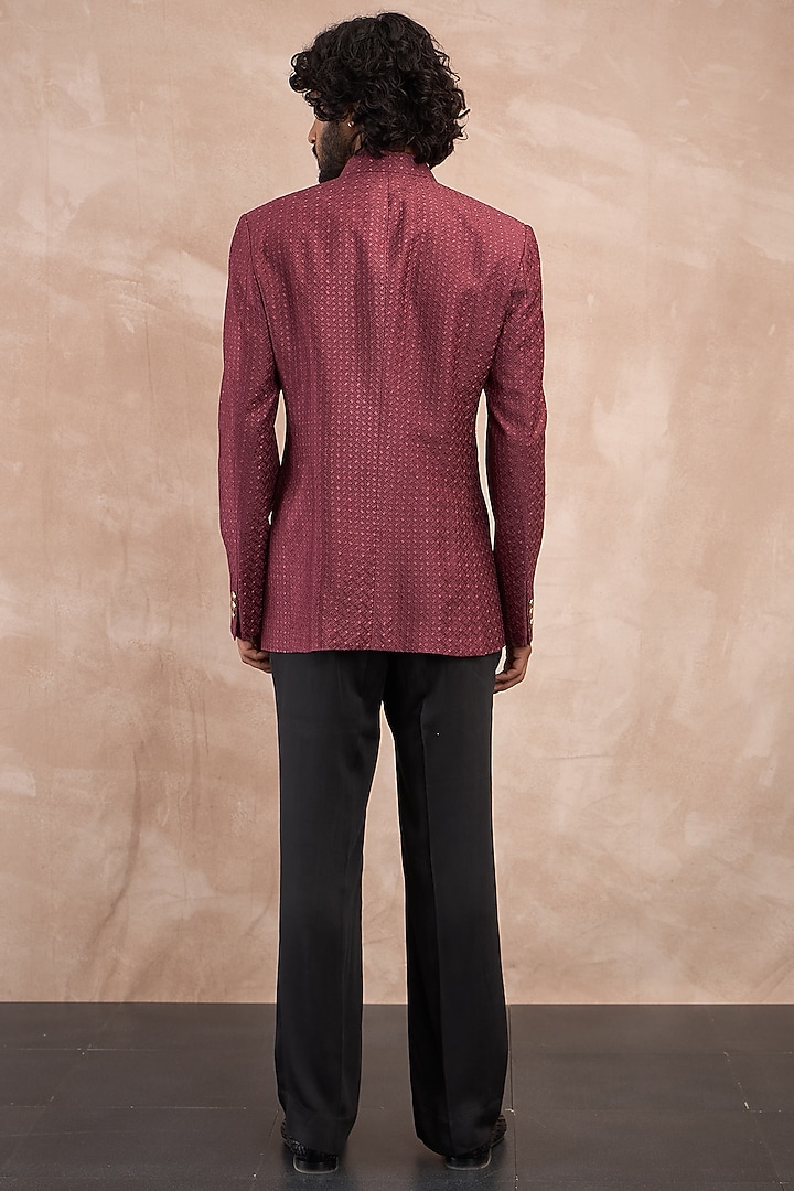 Burgundy Chanderi Silk Tropical Printed Wedding Bandhgala Set by ARJAN DUGAL at Pernia's Pop Up Shop