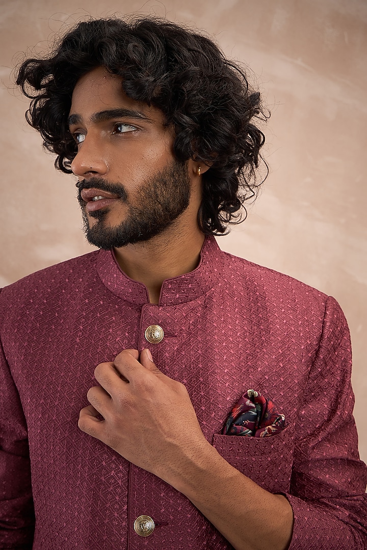 Burgundy Chanderi Silk Tropical Printed Wedding Bandhgala Set by ARJAN DUGAL at Pernia's Pop Up Shop