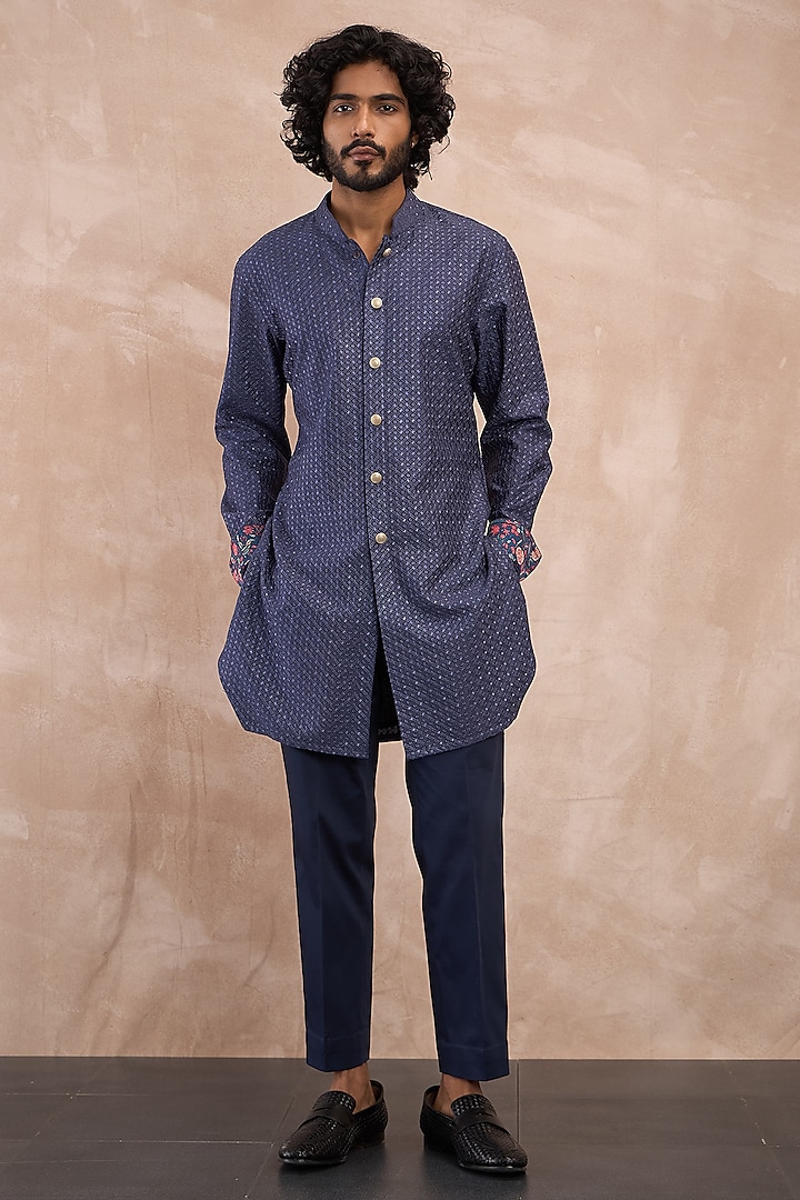 Cobalt Blue Chanderi Silk Chintz Printed Kurta Set by ARJAN DUGAL at Pernia's Pop Up Shop