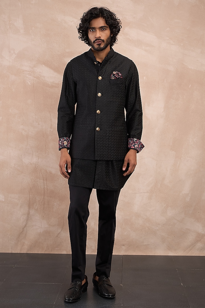 Black Chanderi Silk Motif Embroidered Nehru Jacket Set by ARJAN DUGAL at Pernia's Pop Up Shop