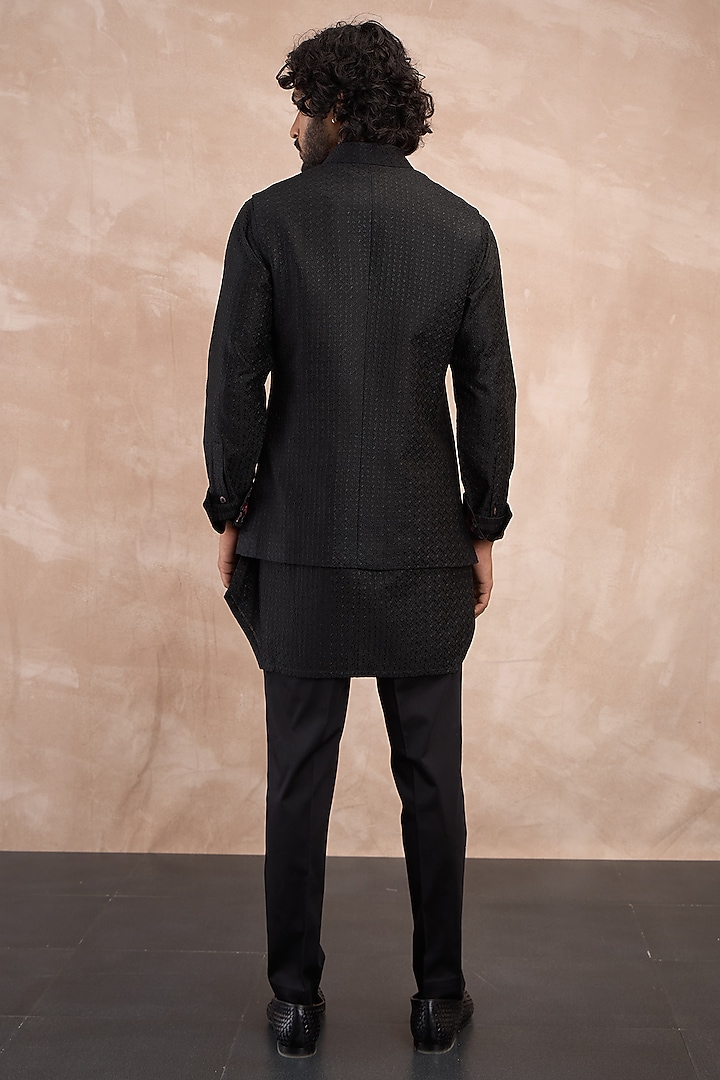 Black Chanderi Silk Motif Embroidered Nehru Jacket Set by ARJAN DUGAL at Pernia's Pop Up Shop