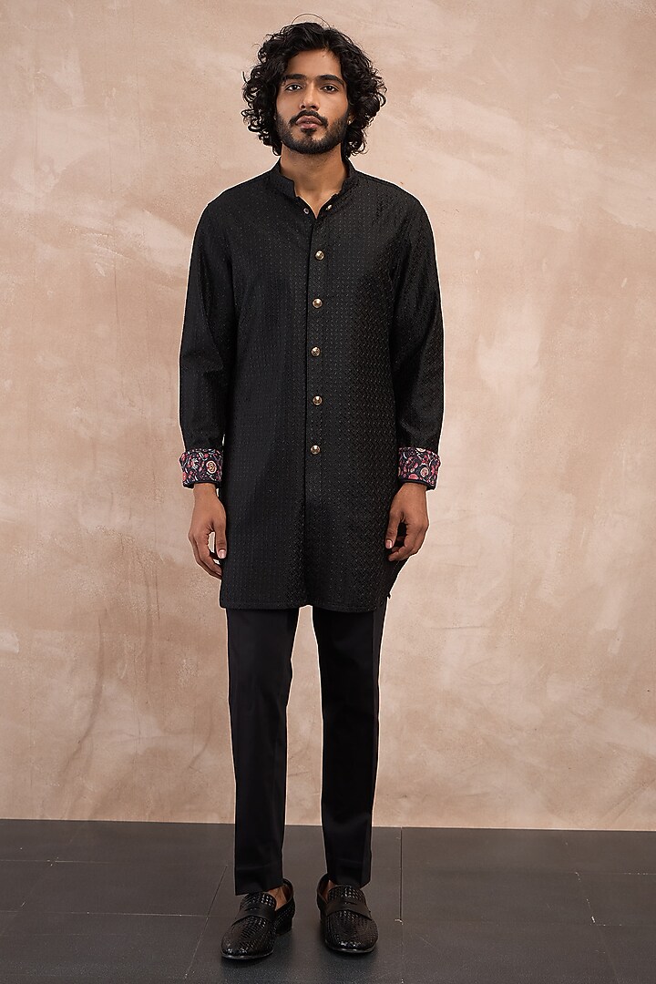 Black Chanderi Silk Motif Embroidered Nehru Jacket Set by ARJAN DUGAL at Pernia's Pop Up Shop
