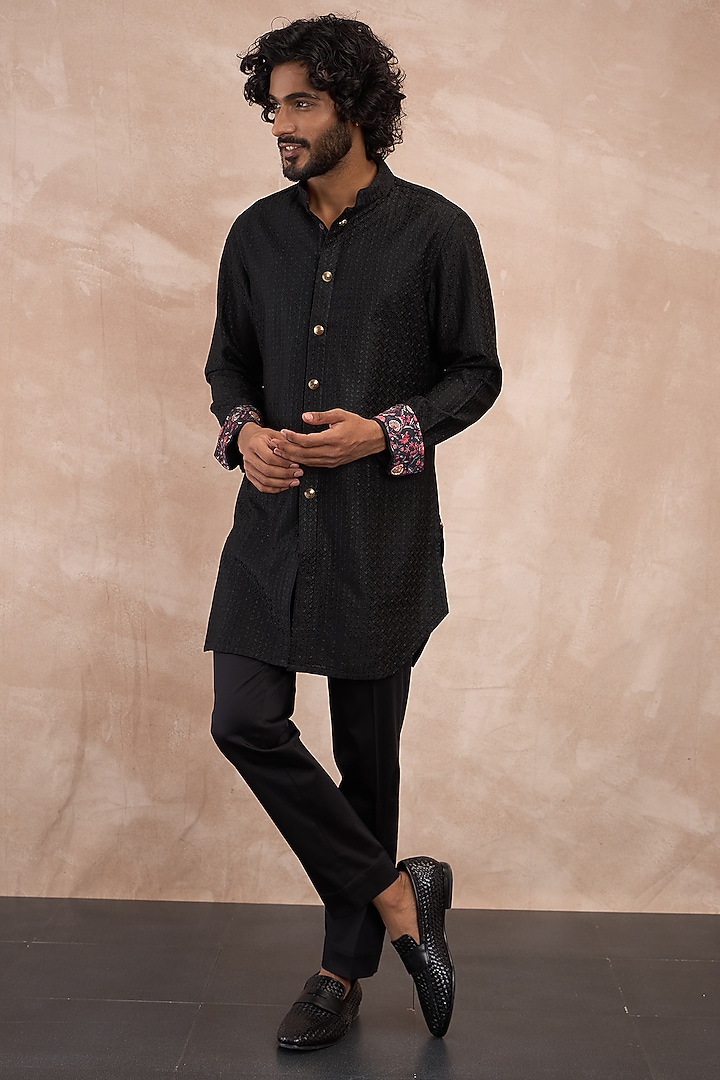 Black Chanderi Silk Motif Embroidered Nehru Jacket Set by ARJAN DUGAL at Pernia's Pop Up Shop