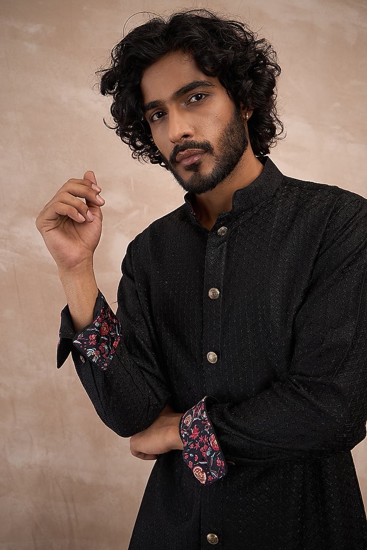Black Chanderi Silk Motif Embroidered Nehru Jacket Set by ARJAN DUGAL at Pernia's Pop Up Shop