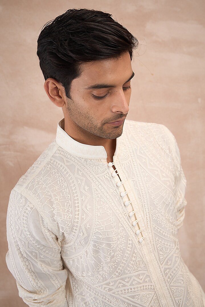 Ivory Organza Aari Embroidered Kurta Set by ARJAN DUGAL at Pernia's Pop Up Shop