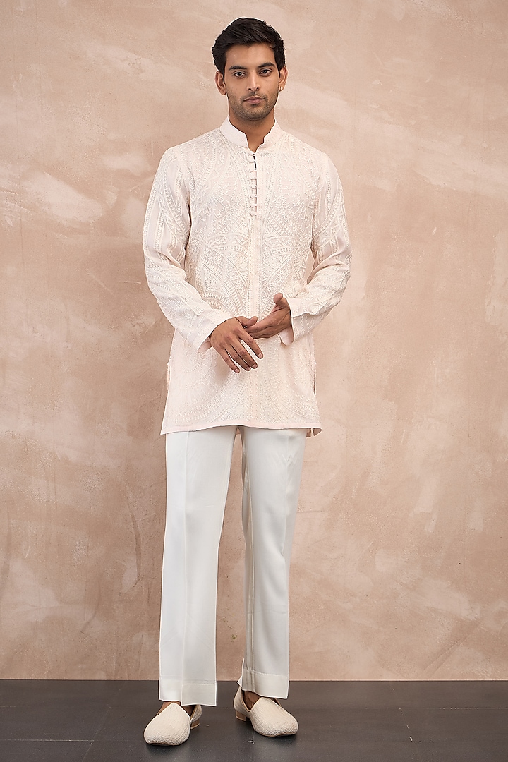 Powder Pink Organza Aari Embroidered Kurta Set by ARJAN DUGAL at Pernia's Pop Up Shop