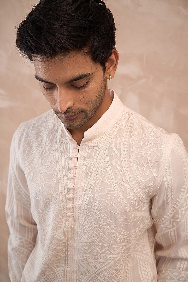 Powder Pink Organza Aari Embroidered Kurta Set by ARJAN DUGAL at Pernia's Pop Up Shop