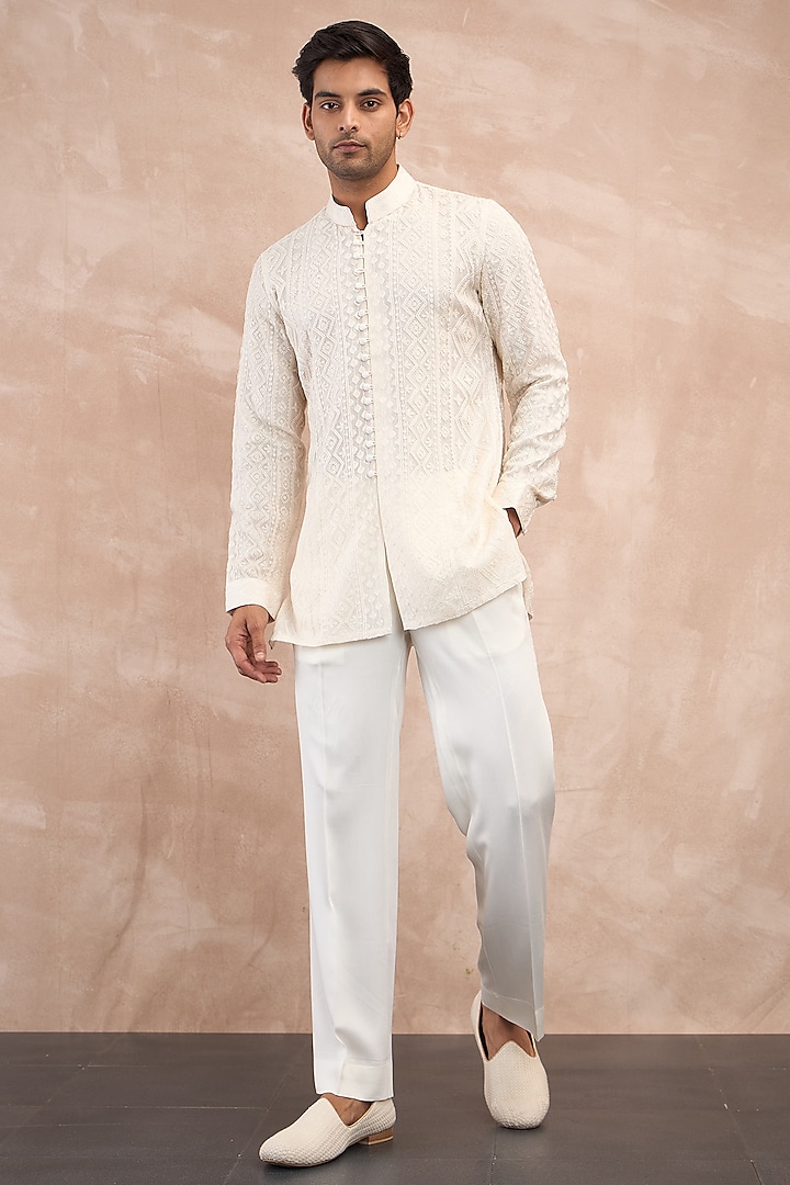 Ivory Organza Aari Embroidered Kurta Set by ARJAN DUGAL at Pernia's Pop Up Shop