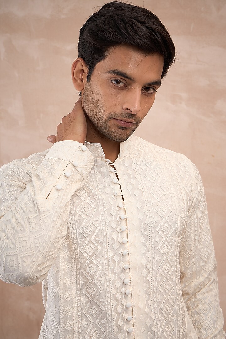 Ivory Organza Aari Embroidered Kurta Set by ARJAN DUGAL at Pernia's Pop Up Shop