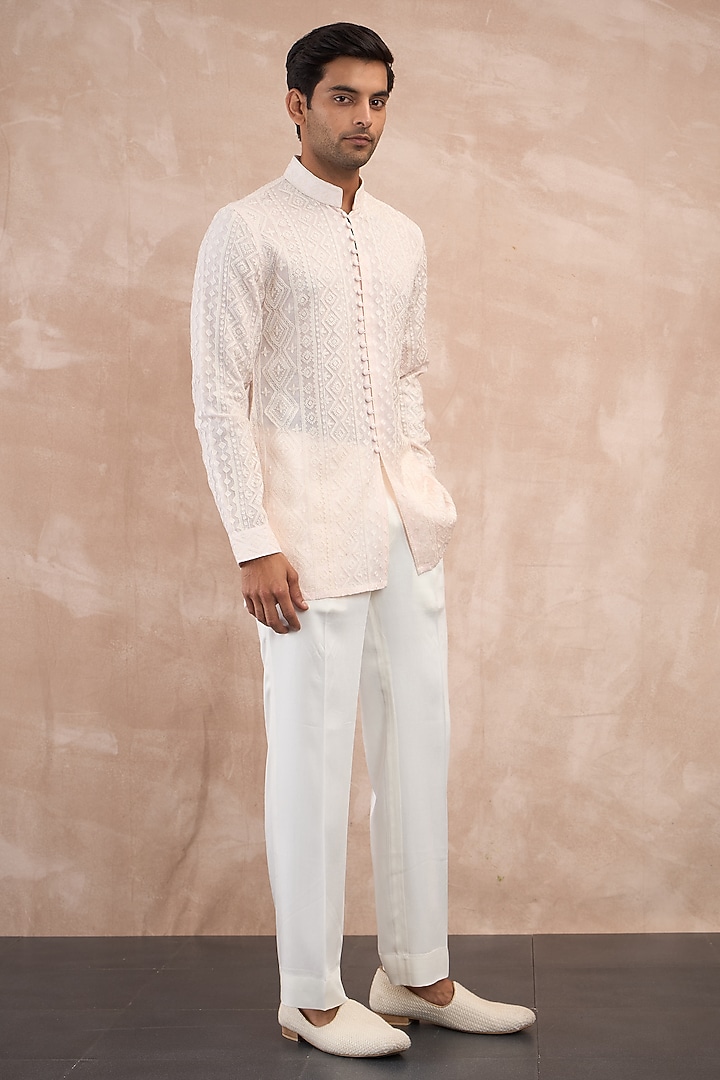 Powder Pink Sheer Organza Aari Embroidered Kurta Set by ARJAN DUGAL at Pernia's Pop Up Shop