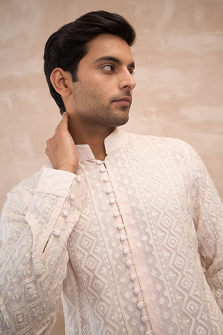 Powder Pink Sheer Organza Aari Embroidered Kurta Set by ARJAN DUGAL at Pernia's Pop Up Shop