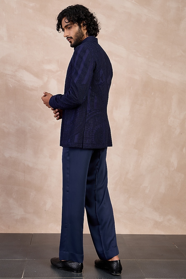 Navy Organza Dori Work Groom Bandhgala Set by ARJAN DUGAL at Pernia's Pop Up Shop