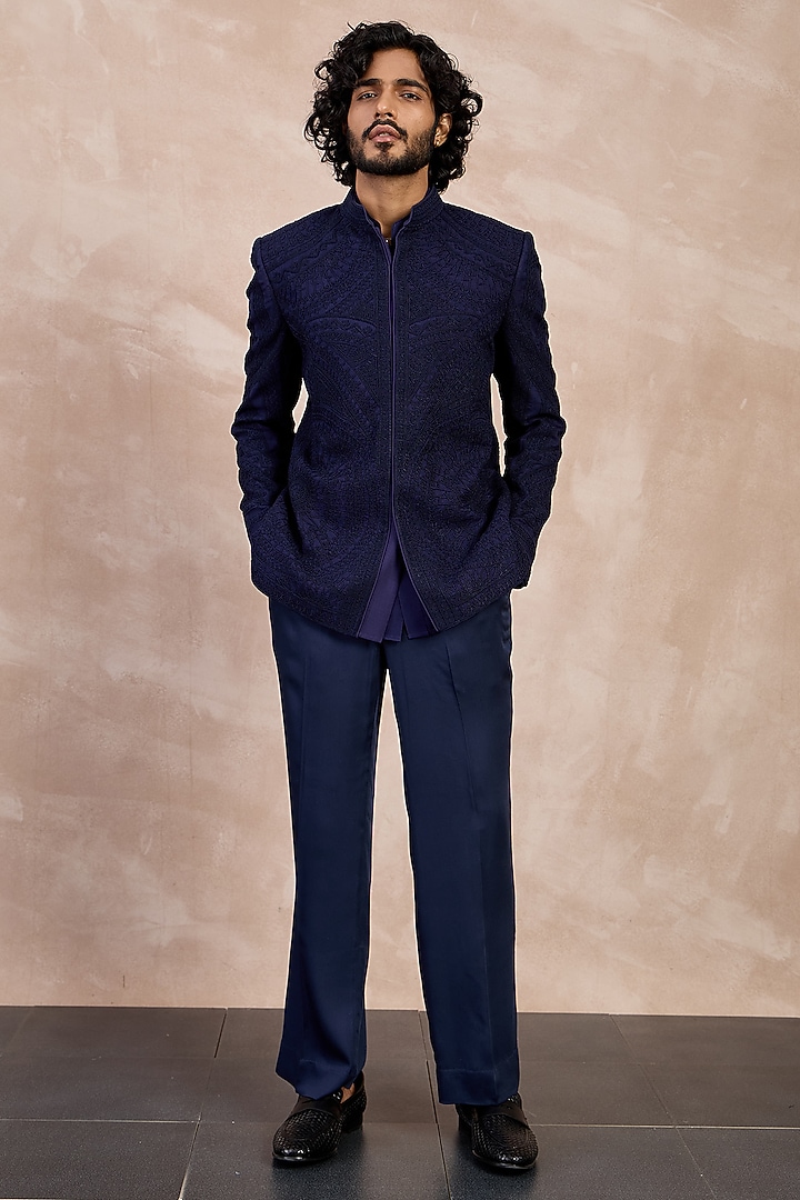 Navy Organza Dori Work Groom Bandhgala Set by ARJAN DUGAL at Pernia's Pop Up Shop