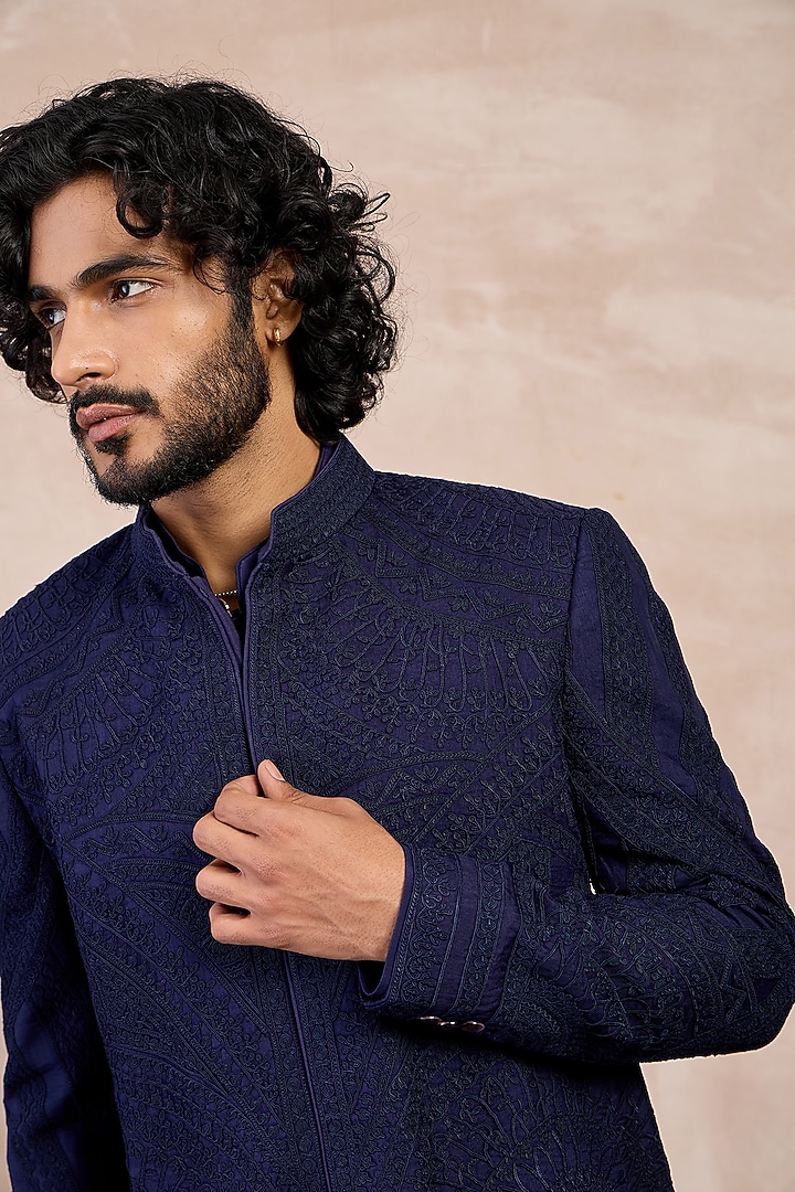 Navy Organza Dori Work Groom Bandhgala Set by ARJAN DUGAL at Pernia's Pop Up Shop