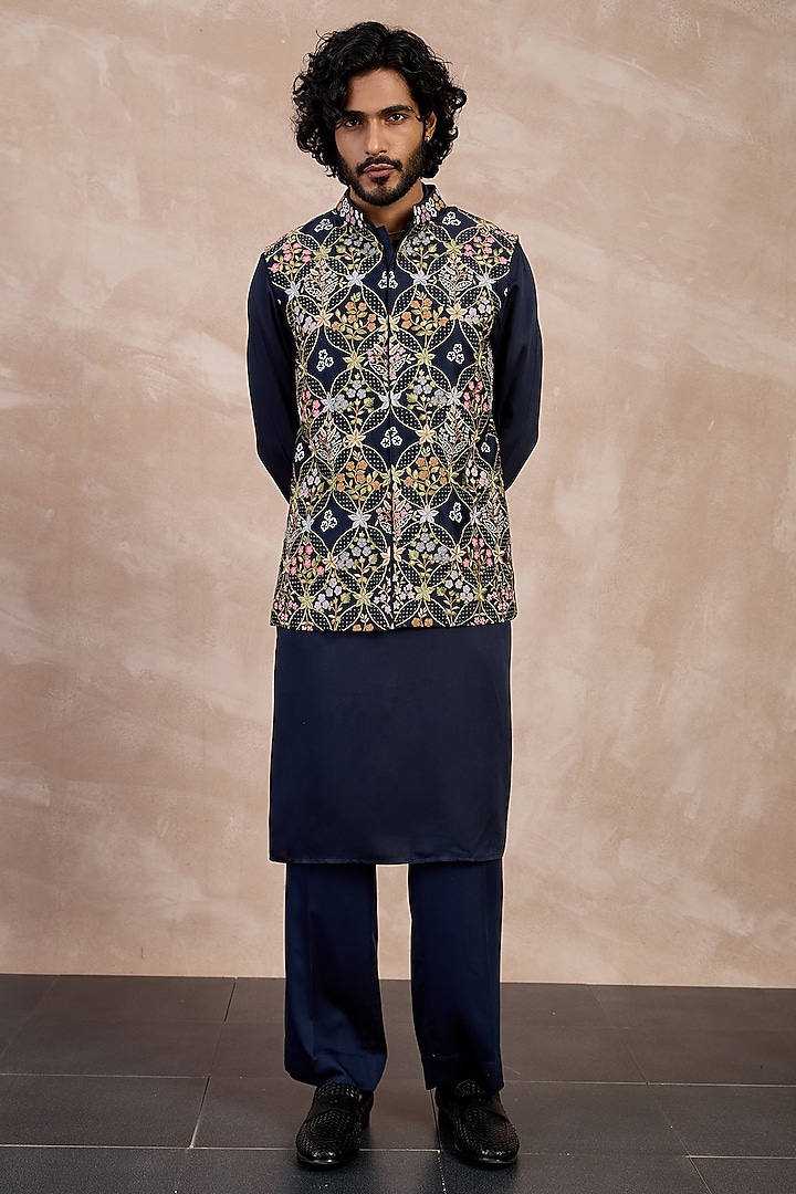 Navy Chanderi Dori Embroidered Nehru Jacket Set by ARJAN DUGAL at Pernia's Pop Up Shop