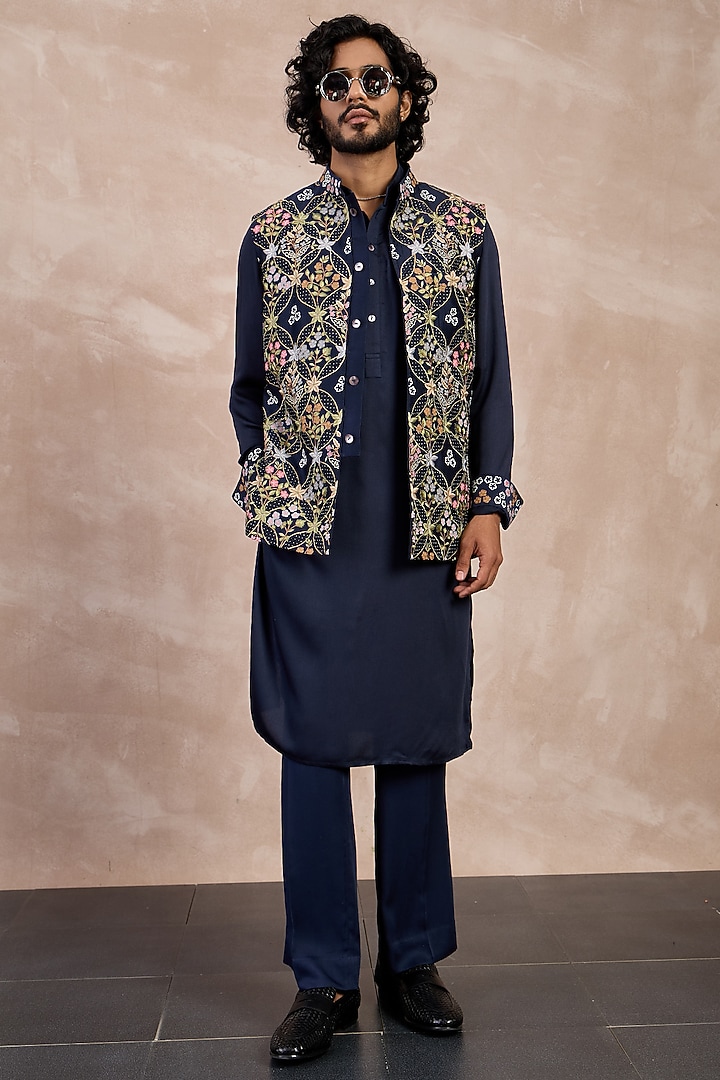 Navy Chanderi Dori Embroidered Nehru Jacket Set by ARJAN DUGAL at Pernia's Pop Up Shop