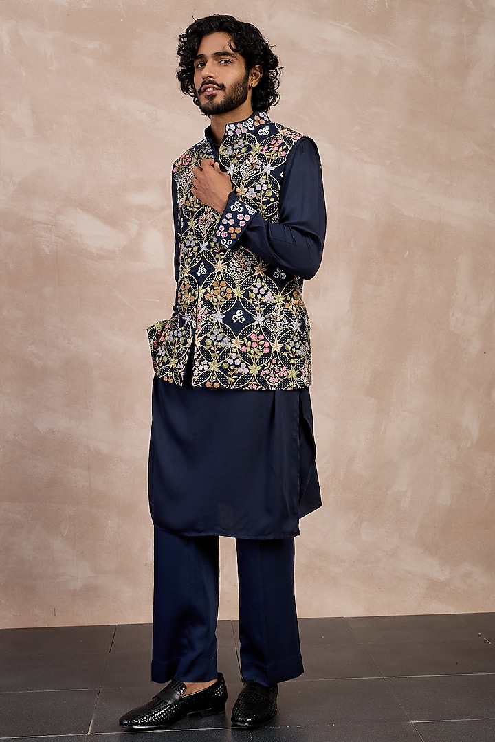 Navy Chanderi Dori Embroidered Nehru Jacket Set by ARJAN DUGAL at Pernia's Pop Up Shop