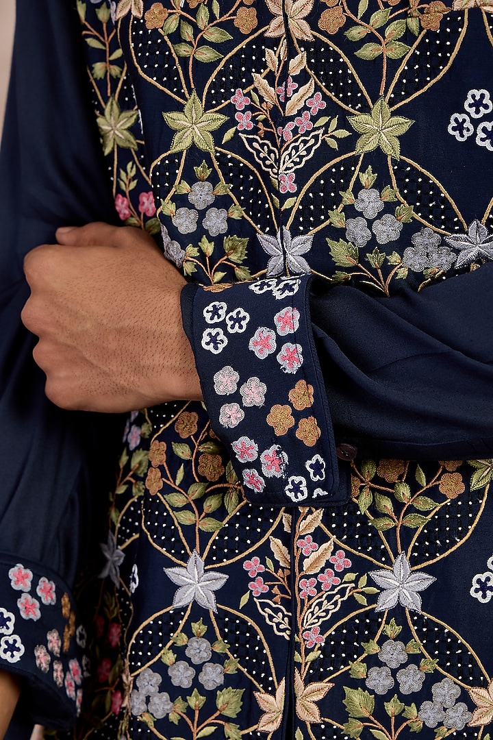 Navy Chanderi Dori Embroidered Nehru Jacket Set by ARJAN DUGAL at Pernia's Pop Up Shop