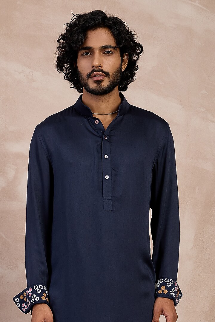 Navy Inara Viscose Embroidered Kurta Set by ARJAN DUGAL at Pernia's Pop Up Shop