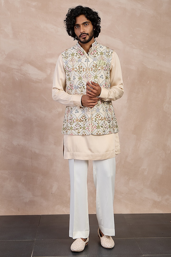 Champagne Chanderi & Inara Viscose Embroidered Nehru Jacket Set by ARJAN DUGAL at Pernia's Pop Up Shop