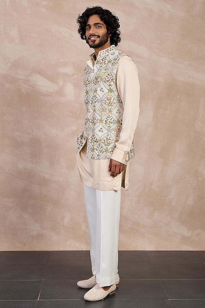 Champagne Chanderi & Inara Viscose Embroidered Nehru Jacket Set by ARJAN DUGAL at Pernia's Pop Up Shop