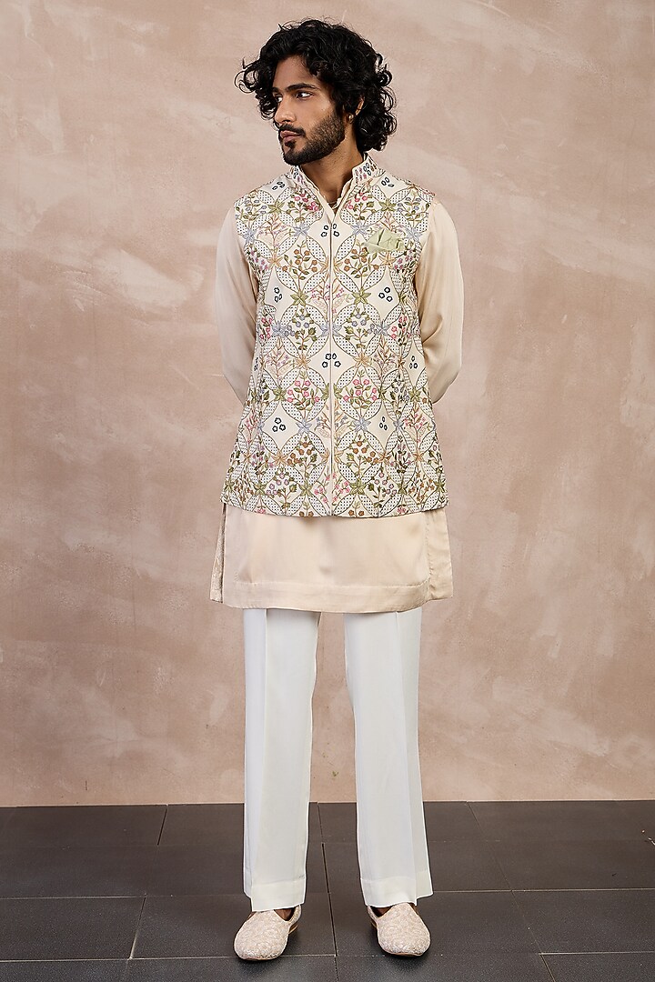 Champagne Chanderi & Inara Viscose Embroidered Nehru Jacket Set by ARJAN DUGAL at Pernia's Pop Up Shop