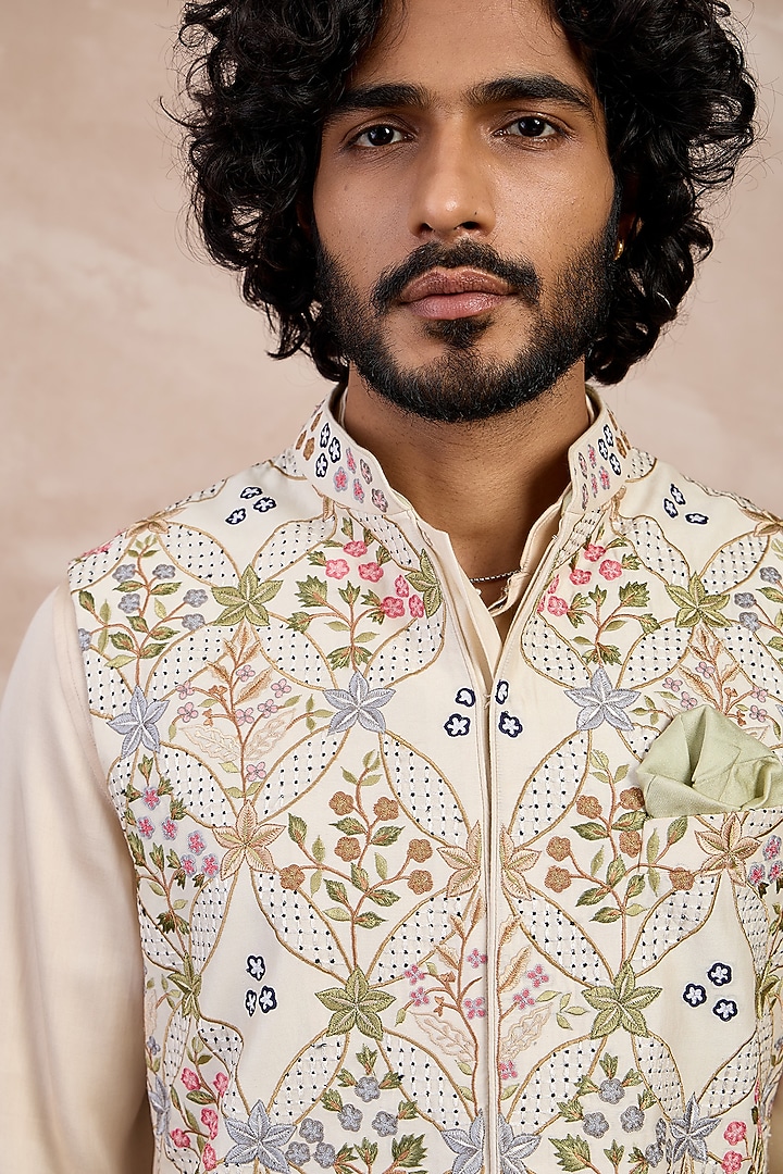 Champagne Chanderi & Inara Viscose Embroidered Nehru Jacket Set by ARJAN DUGAL at Pernia's Pop Up Shop