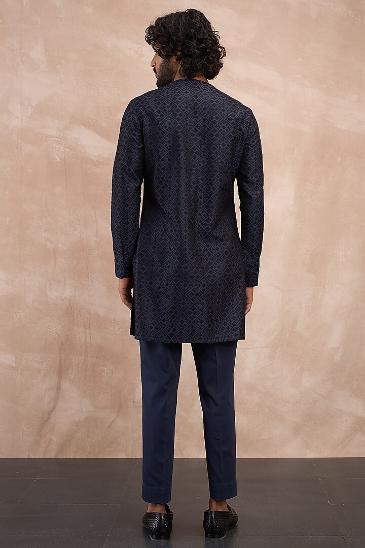 Navy & Black Chanderi Silk Embroidered Kurta Set by ARJAN DUGAL at Pernia's Pop Up Shop