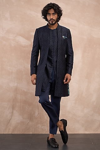 Navy & Black Chanderi Silk Embroidered Indowestern Set by ARJAN DUGAL