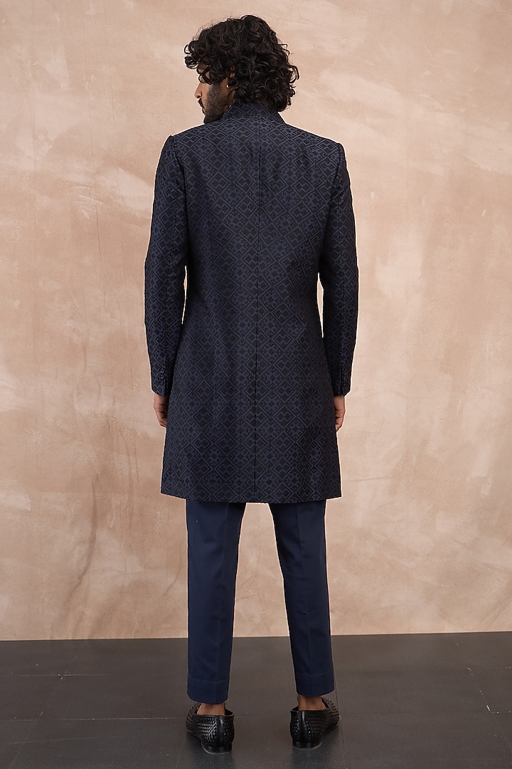 Navy & Black Chanderi Silk Embroidered Groom Indowestern Set by ARJAN DUGAL at Pernia's Pop Up Shop
