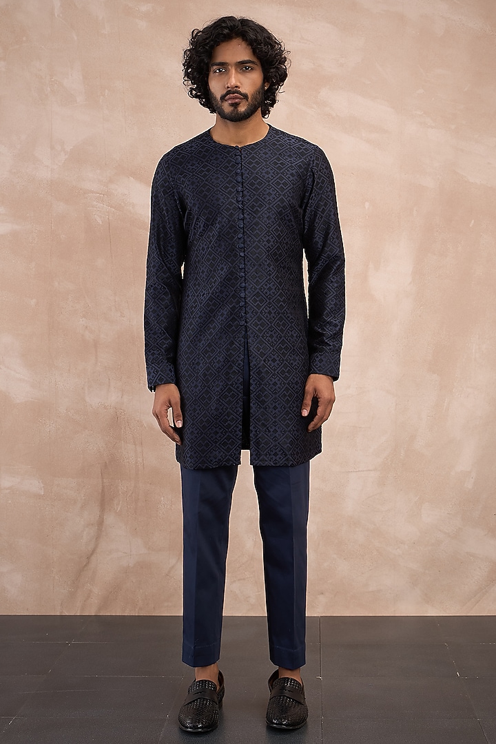 Navy & Black Chanderi Silk Embroidered Groom Indowestern Set by ARJAN DUGAL at Pernia's Pop Up Shop