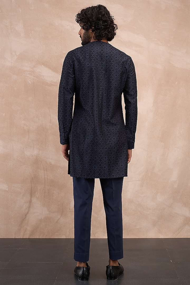 Navy & Black Chanderi Silk Embroidered Groom Indowestern Set by ARJAN DUGAL at Pernia's Pop Up Shop